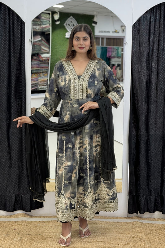 Heavy Rayon Tie-Dye Print V-Neck Full Ghera Anarkali Kurti Pant Set