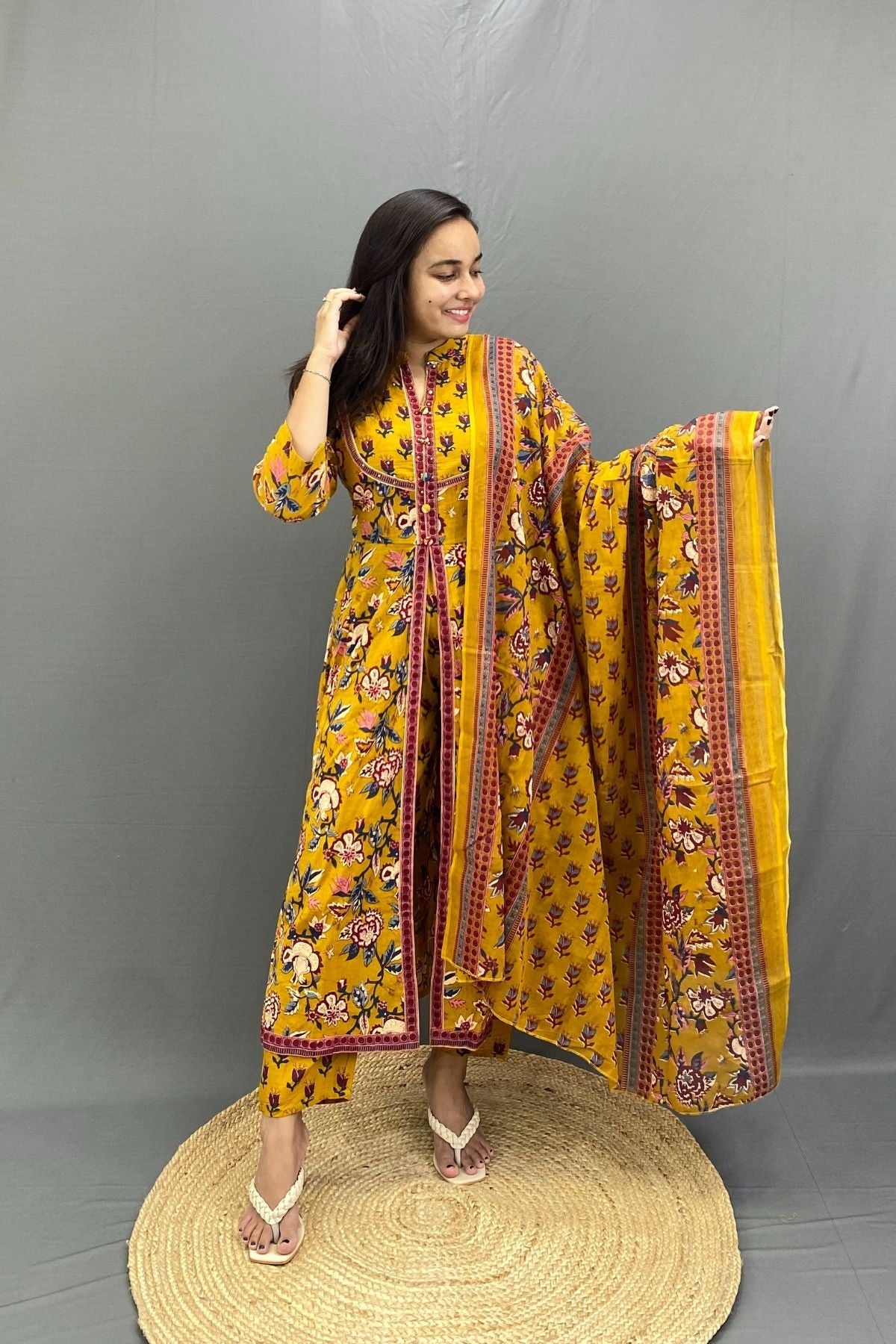 Floral Anarkali Kurti Set with Middle Cut and Mulmul Cotton Dupatta