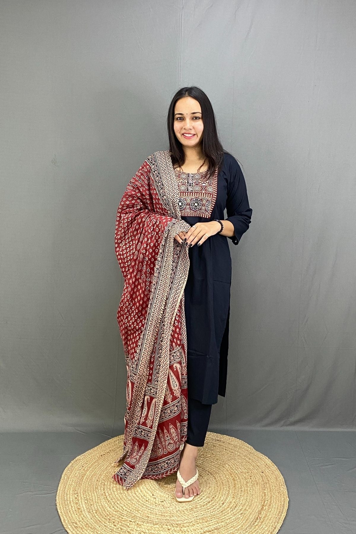 Black Pure Cotton Kurti Pant Set with Gamthi Style Neck Work & Mulmul Cotton Dupatta
