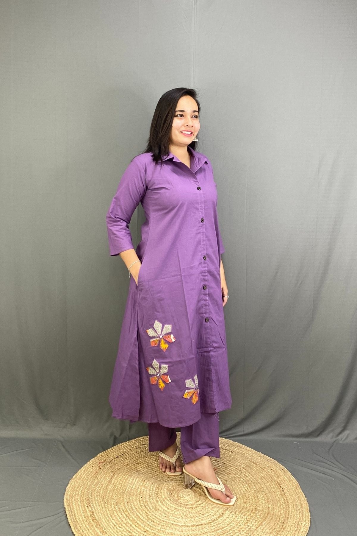 Purple Premium Cotton A-Line Kurti Plazo Co-ord Set with Side Pocket & Floral Embroidery