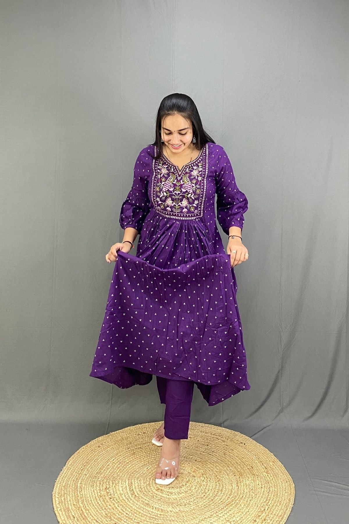 Purple Ghera Kurti Pant Set with Multicolor Peacock Embroidery & Mulmul Cotton Dupatta