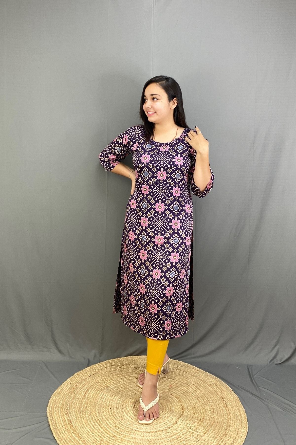Premium Modal Silk Ajrak Print Side Cut Kurti