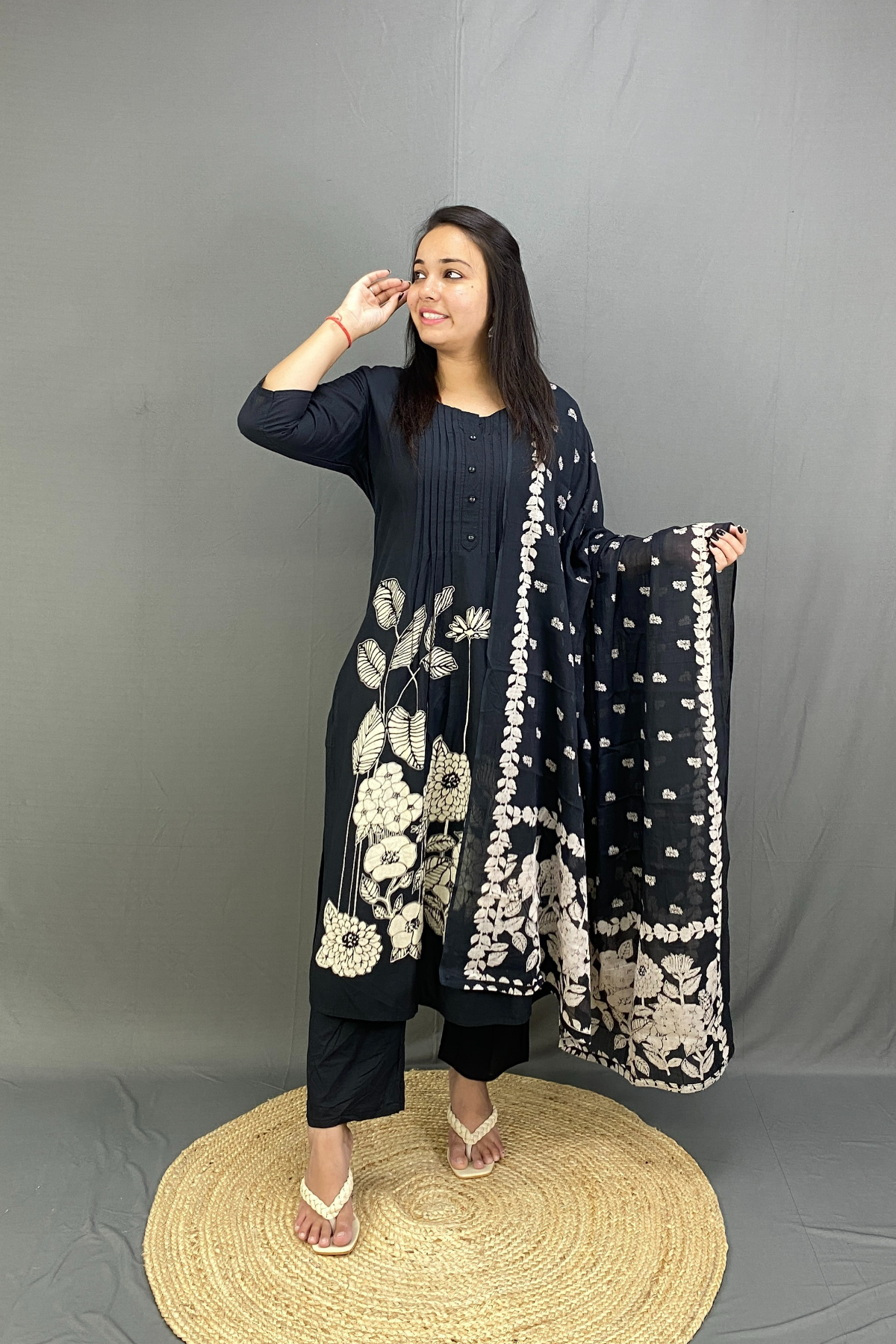 Pure Cotton Pleated A-Line Kurta Set with Hand-Embellished Floral Digital Print