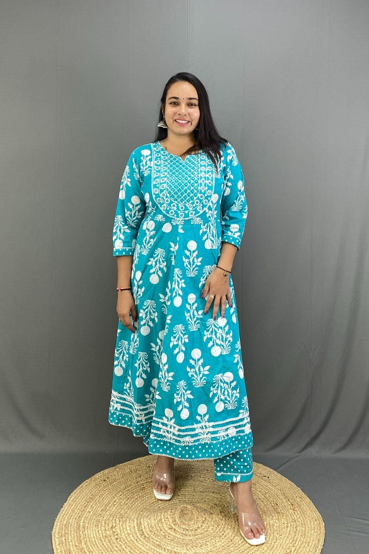 Premium Cotton Aasmani Blue Floral Anarkali Kurti Pant Set with Elegant Mirror & Lace Work