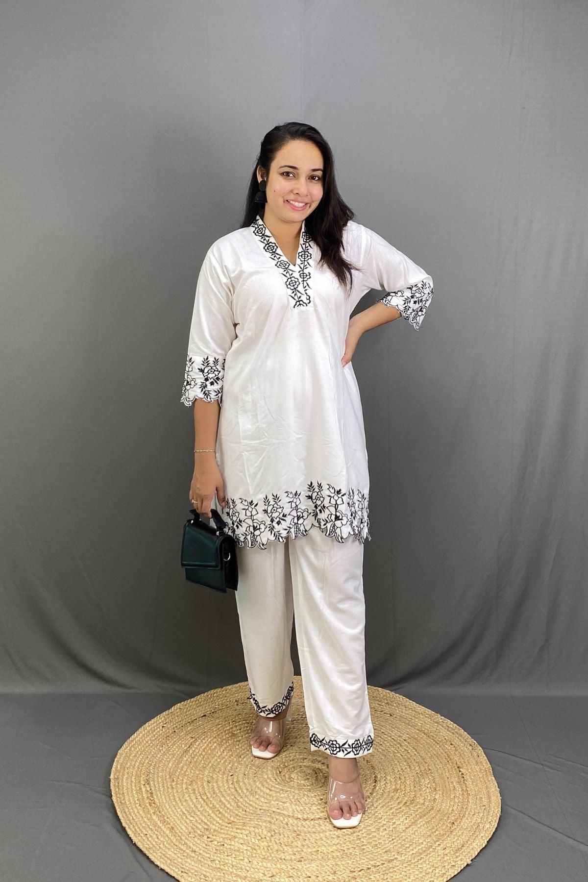 Soft Rayon Embroidered Co-ord Set with V-Neck Printed Ethnic Wear