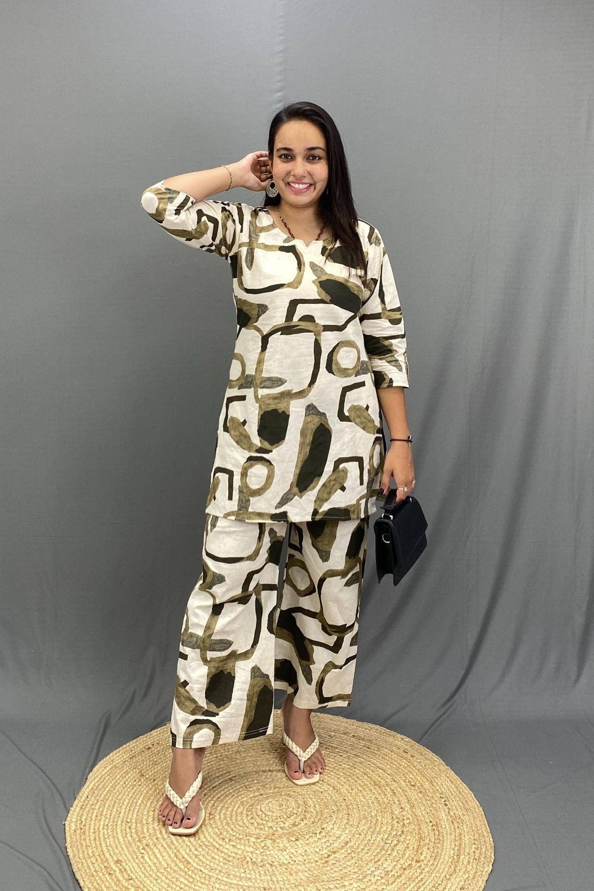 Printed Khadi Short Kurti Pant Co-ord Set, Natural Fabric Comfort for Smart Looks Everyday