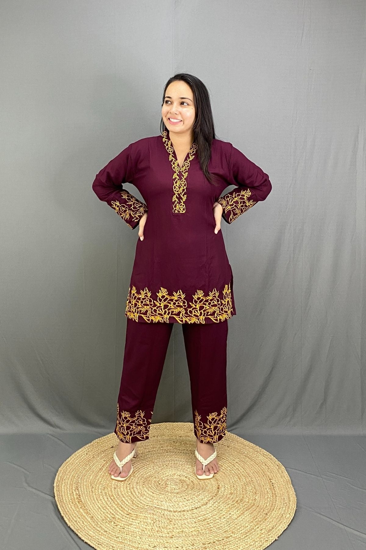 Soft Rayon Embroidered Co-ord Set with V-Neck Printed Ethnic Wear