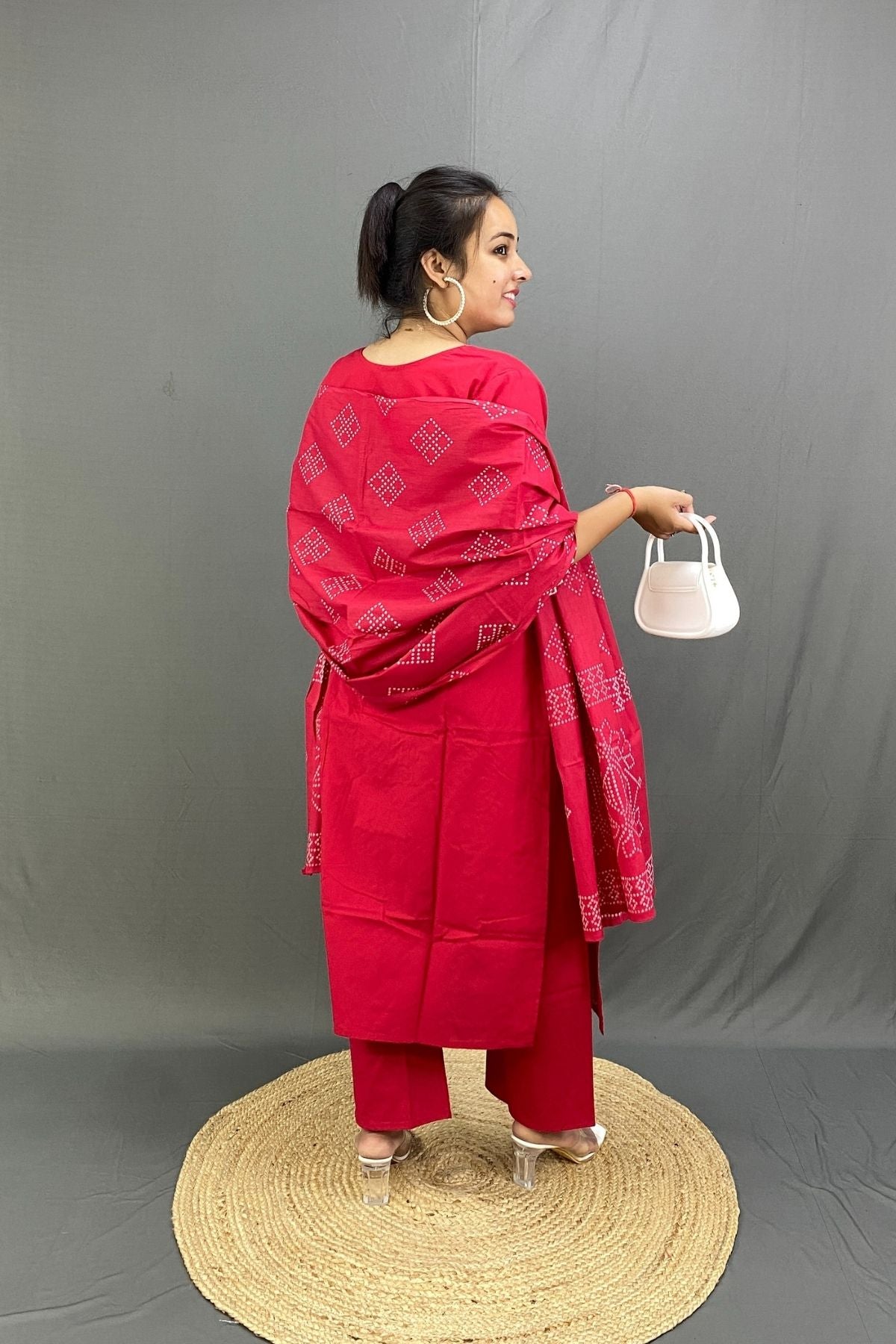 Premium Cotton Red Kurti Pant Dupatta Set with White Embroidery, Elegant Ethnic Wear