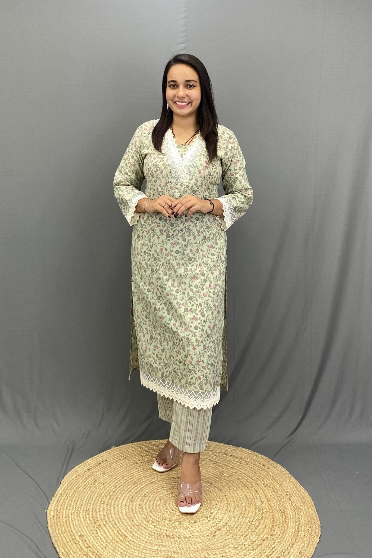 Cotton Kurti Pant Dupatta Set with Croatian Lace Work, Elegant V-Neck Ethnic Ensemble