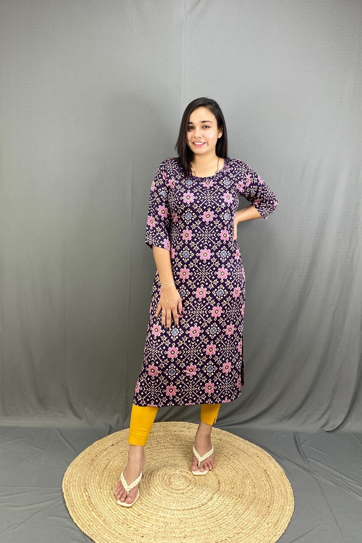 Premium Modal Silk Ajrak Print Side Cut Kurti