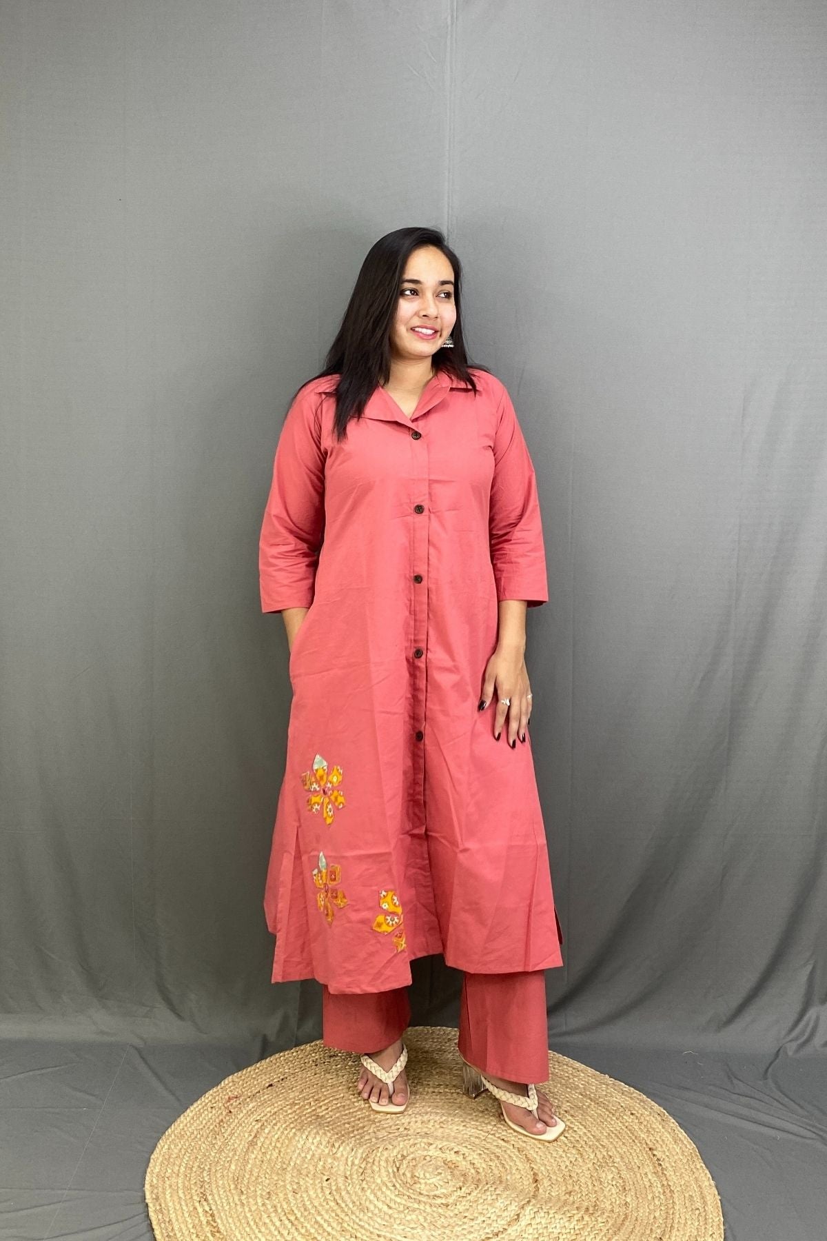 Coral Pink Premium Cotton A-Line Kurti Plazo Co-ord Set with Side Pocket & Floral Embroidery