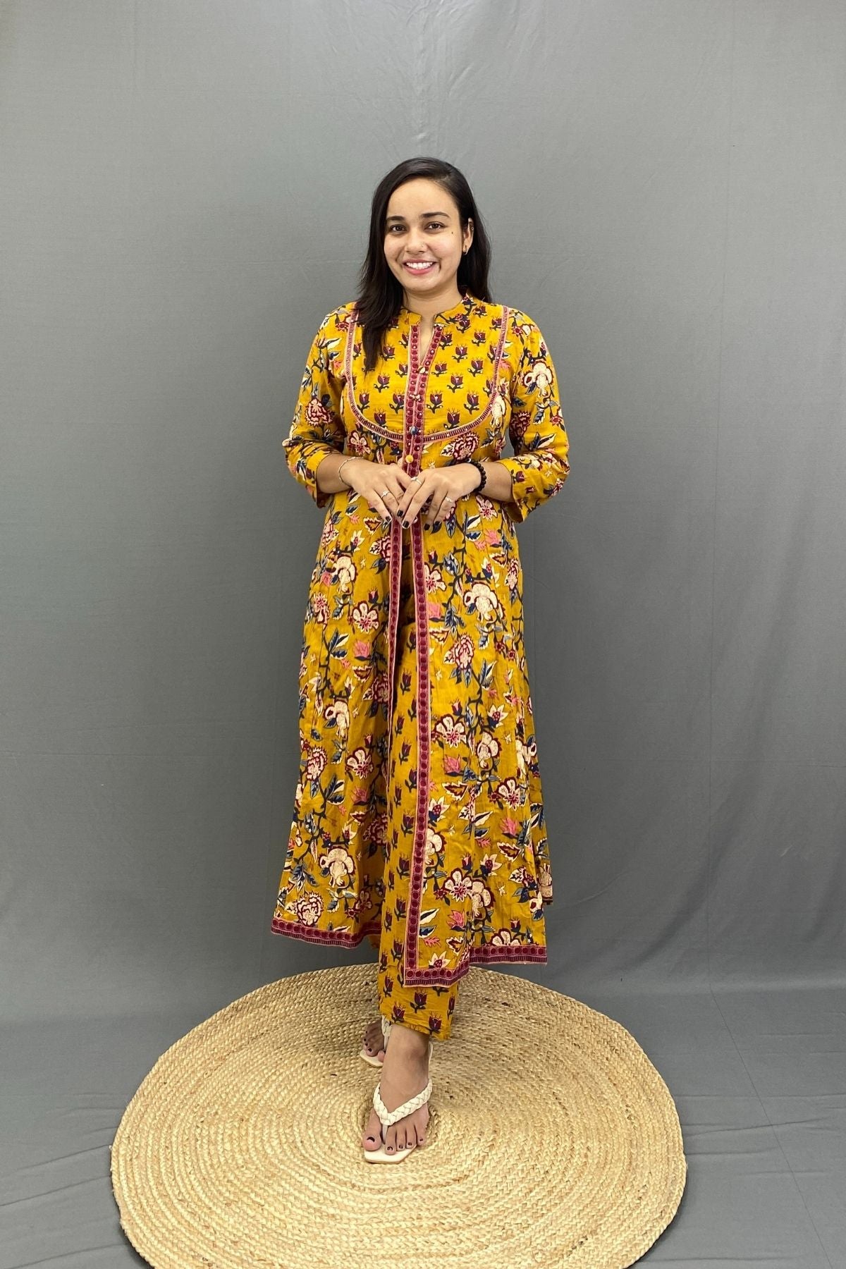 Floral Anarkali Kurti Set with Middle Cut and Mulmul Cotton Dupatta