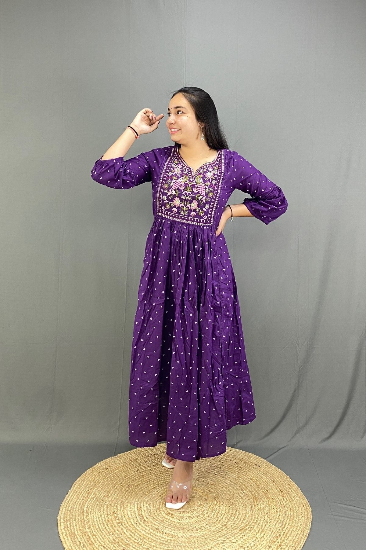 Purple Ghera Kurti Pant Set with Multicolor Peacock Embroidery & Mulmul Cotton Dupatta