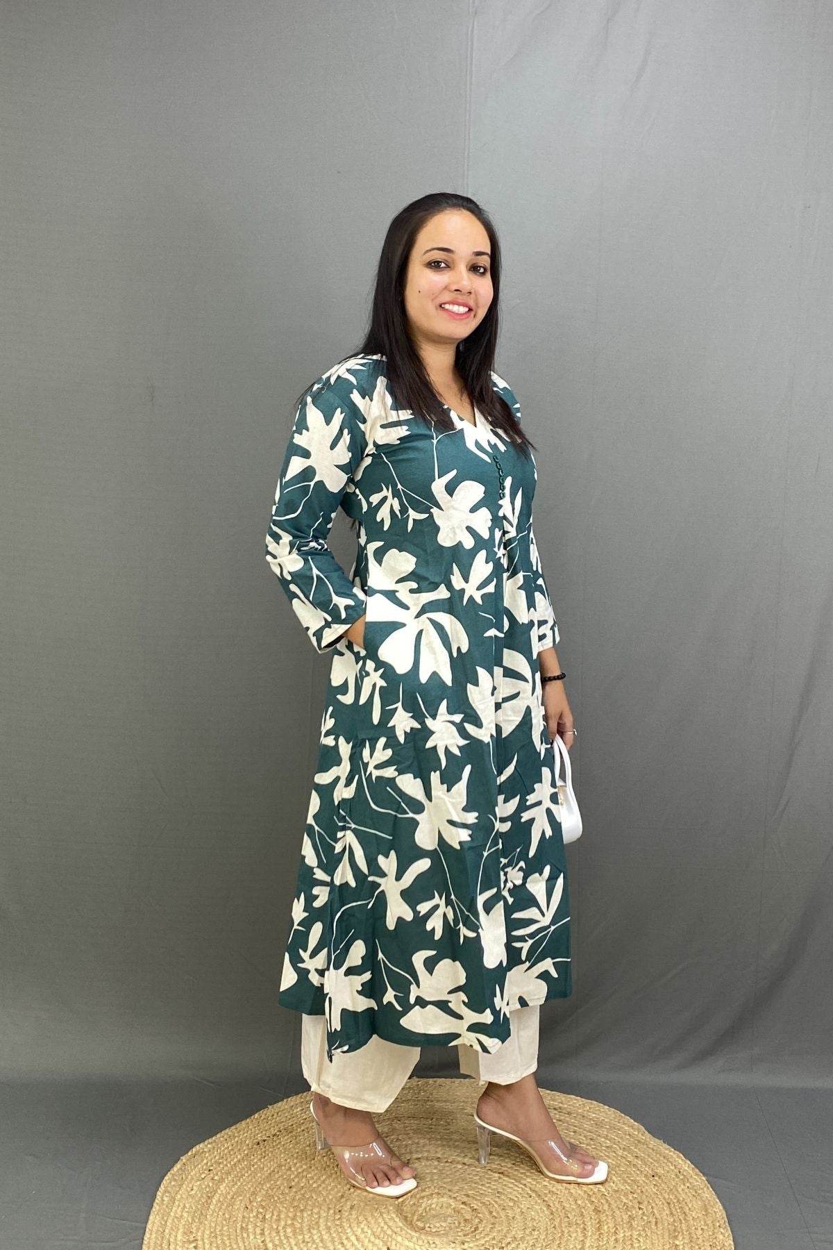 Premium Cotton Printed A-Line Kurti Co-ord Set with Khadi Trousers