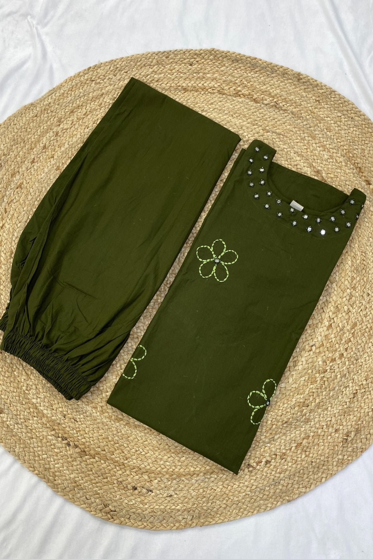 Plus Size Floral Embroidered Cotton A-Line Kurti Plazo Co-ord Set