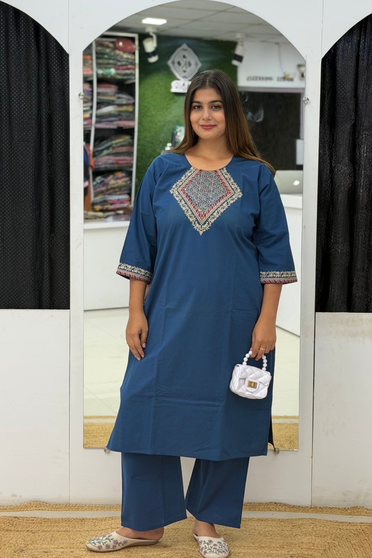 Premium Cotton Kurti Pant Co-ord Set with Multicolor Thread Work | Elegant Office Wear