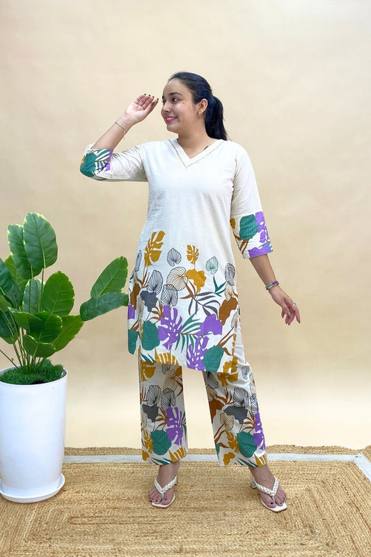 Khadi Cotton Short Co-ord Set with Printed V-Neck Top & Semi-Plazo Pants