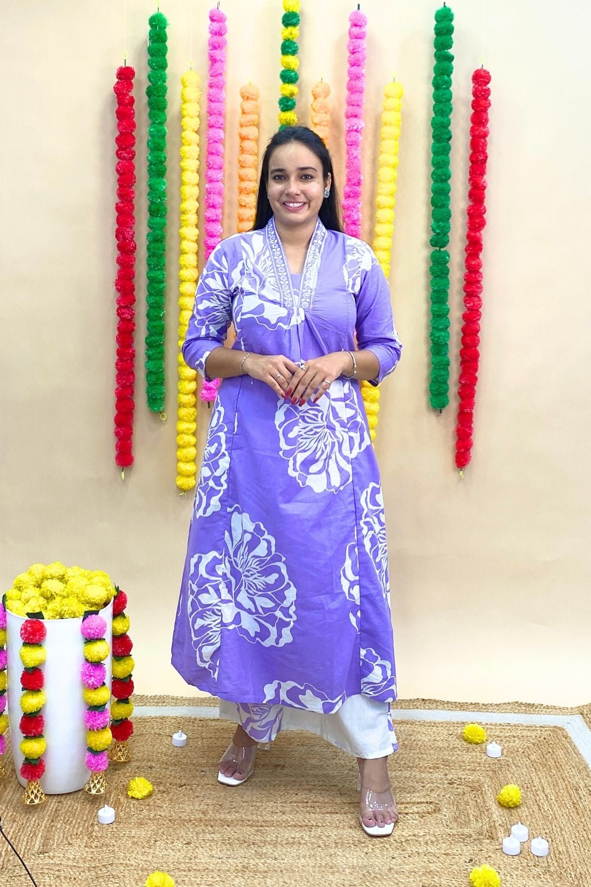 Jaipuri Premium Cotton A-Line Kurti Palazzo Dupatta Set with Abstract Floral Print