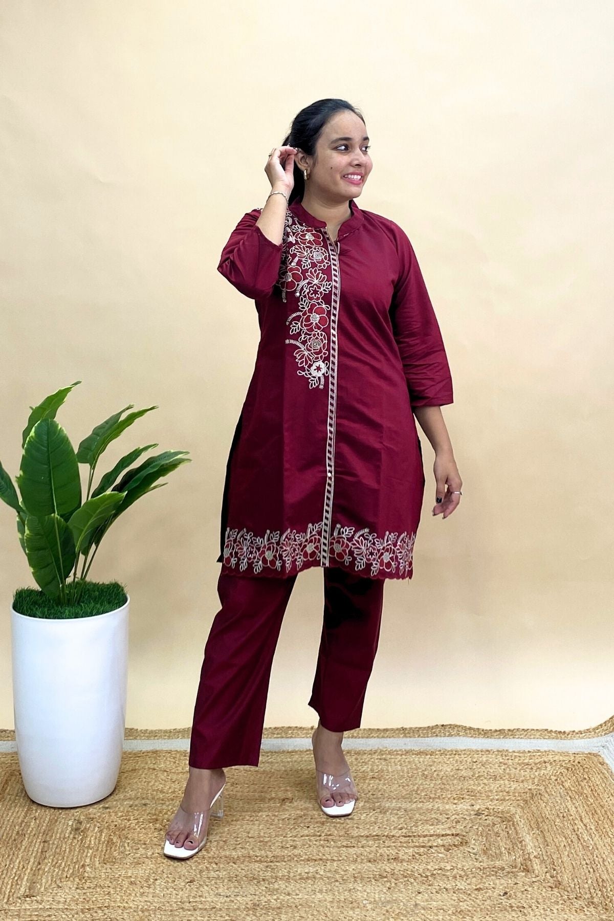 Premium Silk Embroidered Co-ord Set with Floral Detailing, Kurti & Pant Set