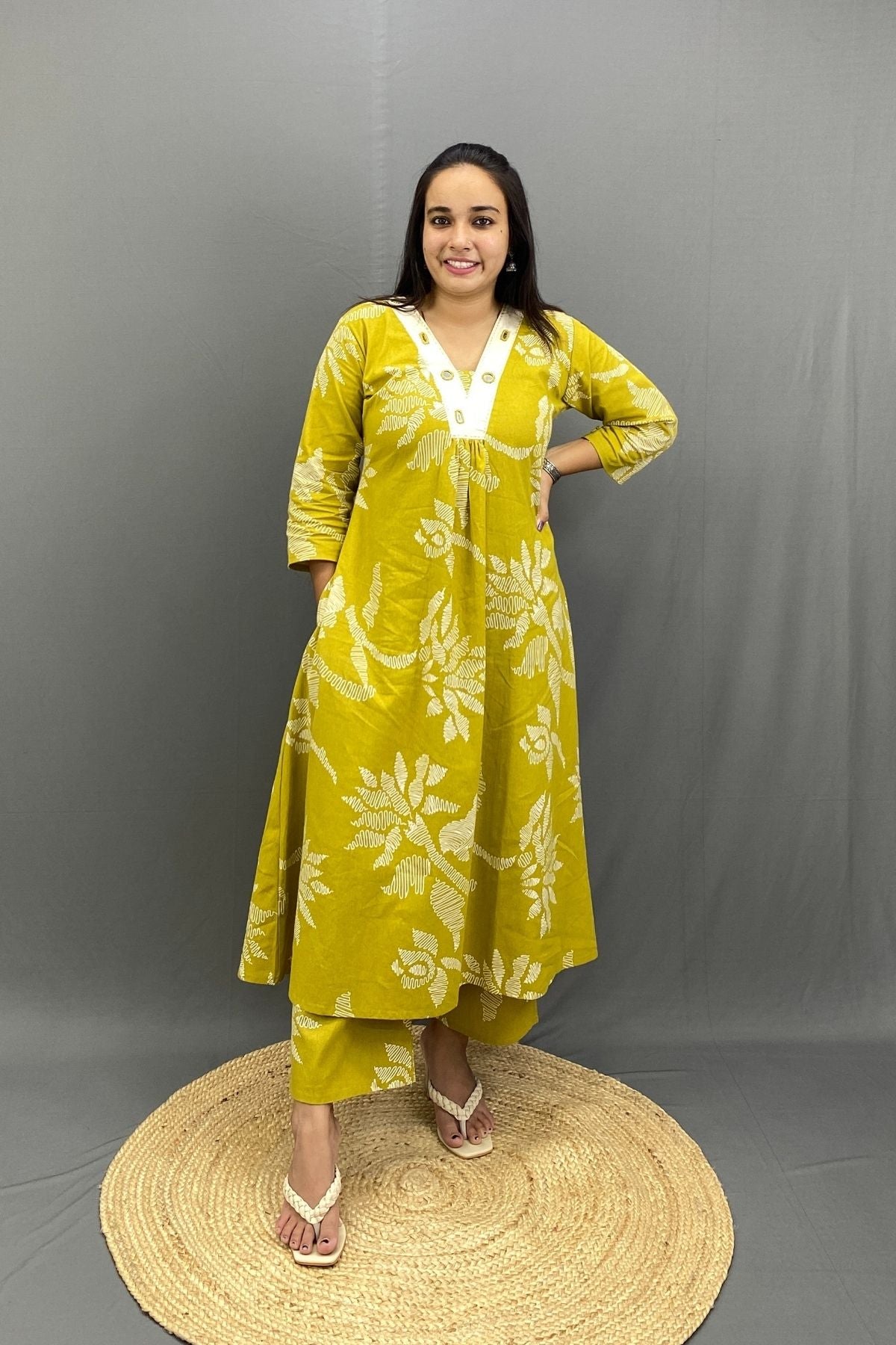 Cotton Co-ord Set with Mirror Neck Embroidery & Pocket, Everyday Ethnic Style