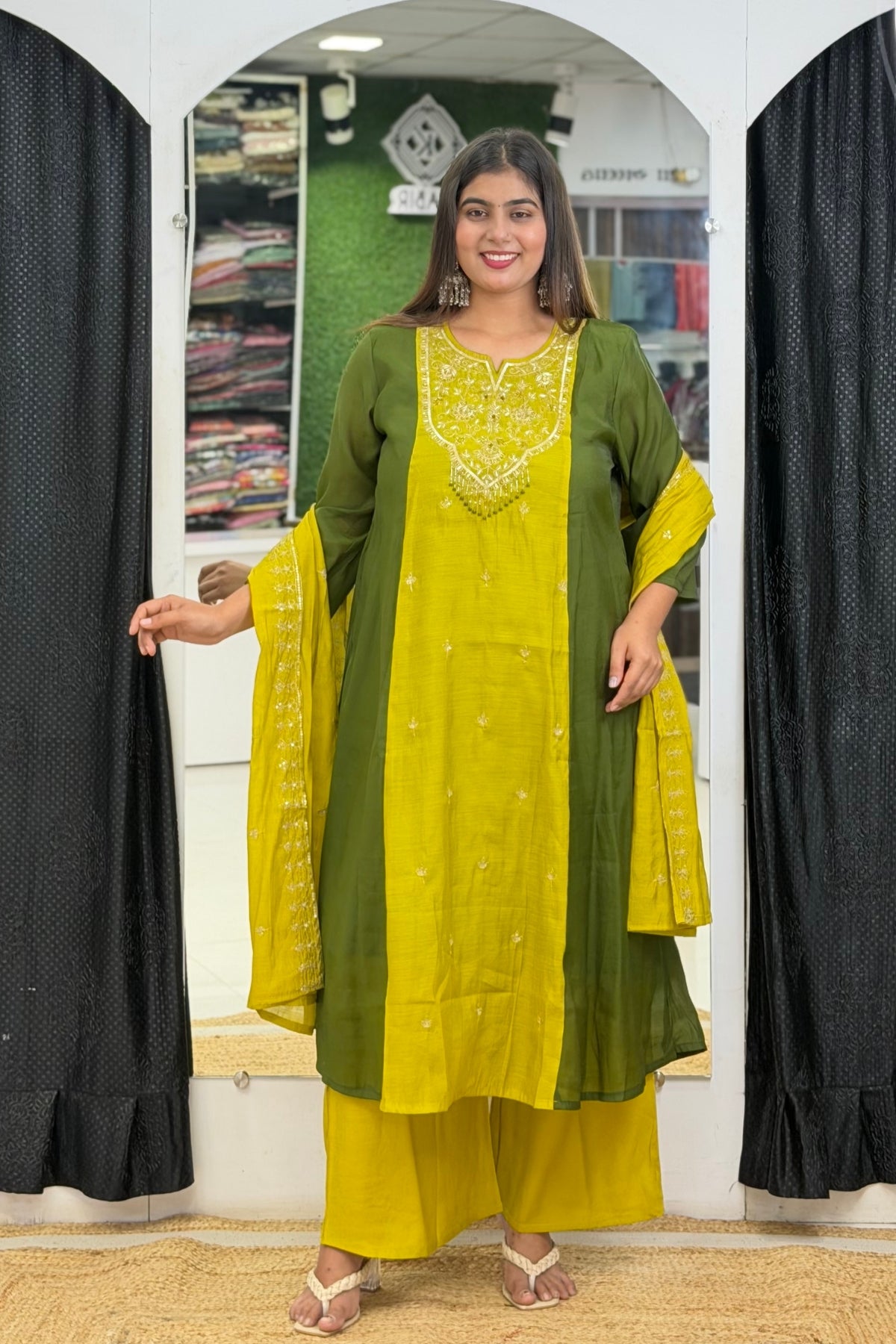 Plus Size Mul Chanderi Anarkali Kurta Pant Dupatta Set with Cutdana & Beadwork