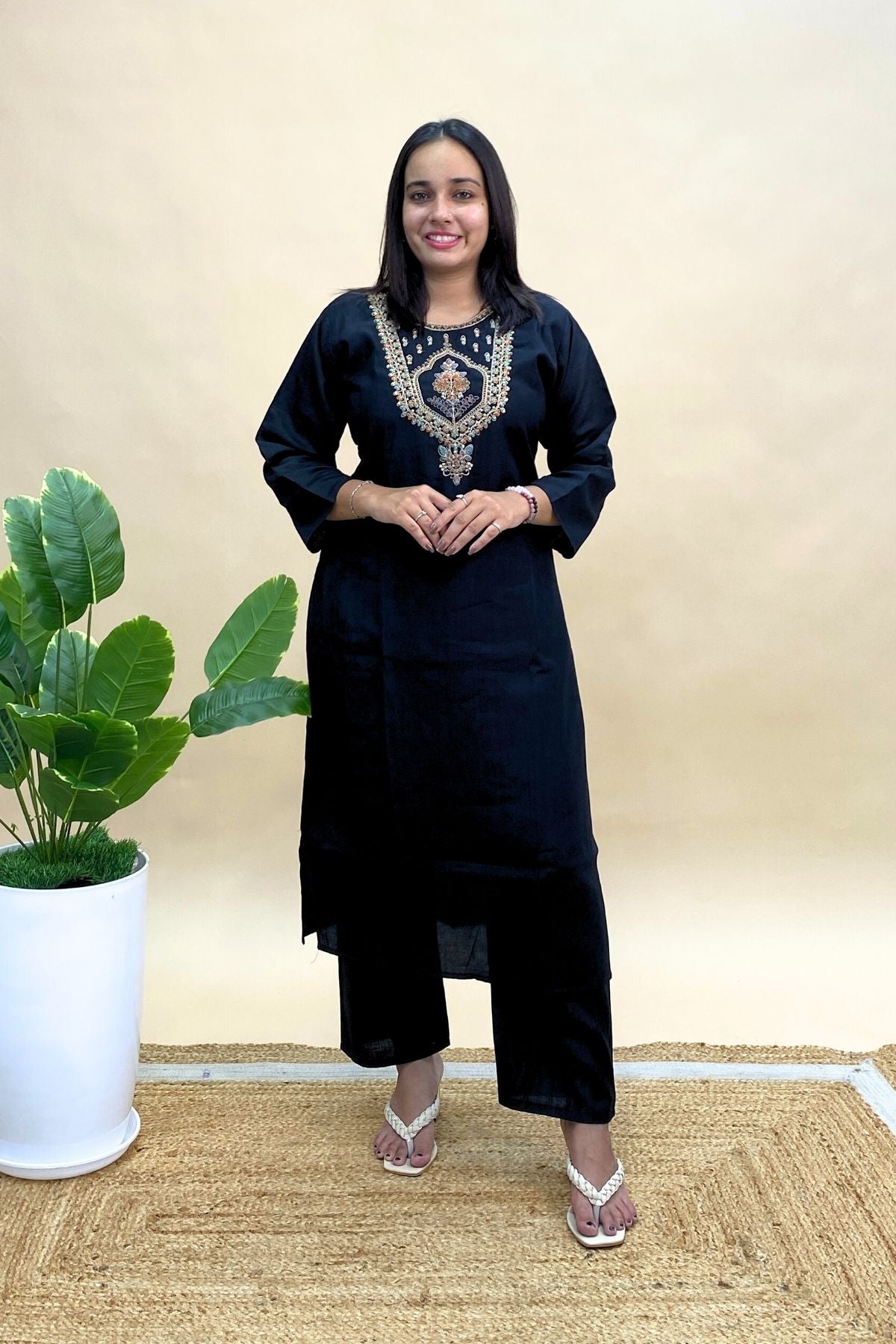 Cotton Kurti Pant Set with Banarasi Dupatta & Embroidered Neck, Perfect for festive wear