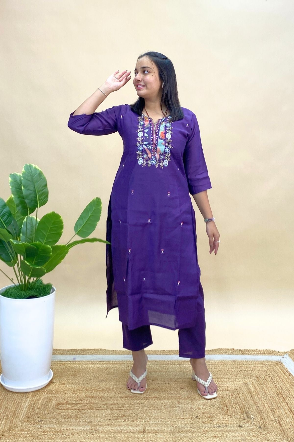 Silk Kurti Pant Set with Printed Dupatta & Elegant Neck Embroidery, Festive & Wedding Wear