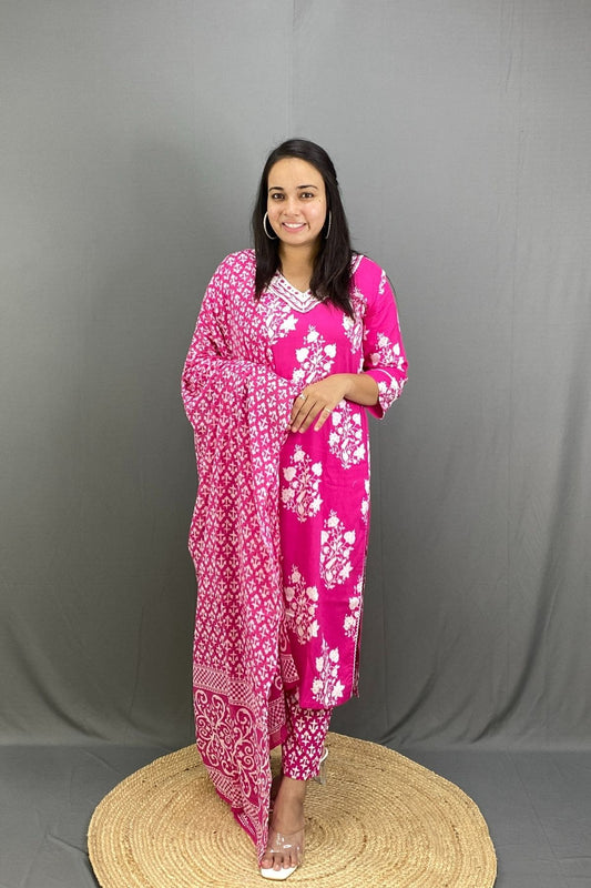 Graceful Block Printed V-Neck Cotton Kurta Set with Mal Cotton Dupatta
