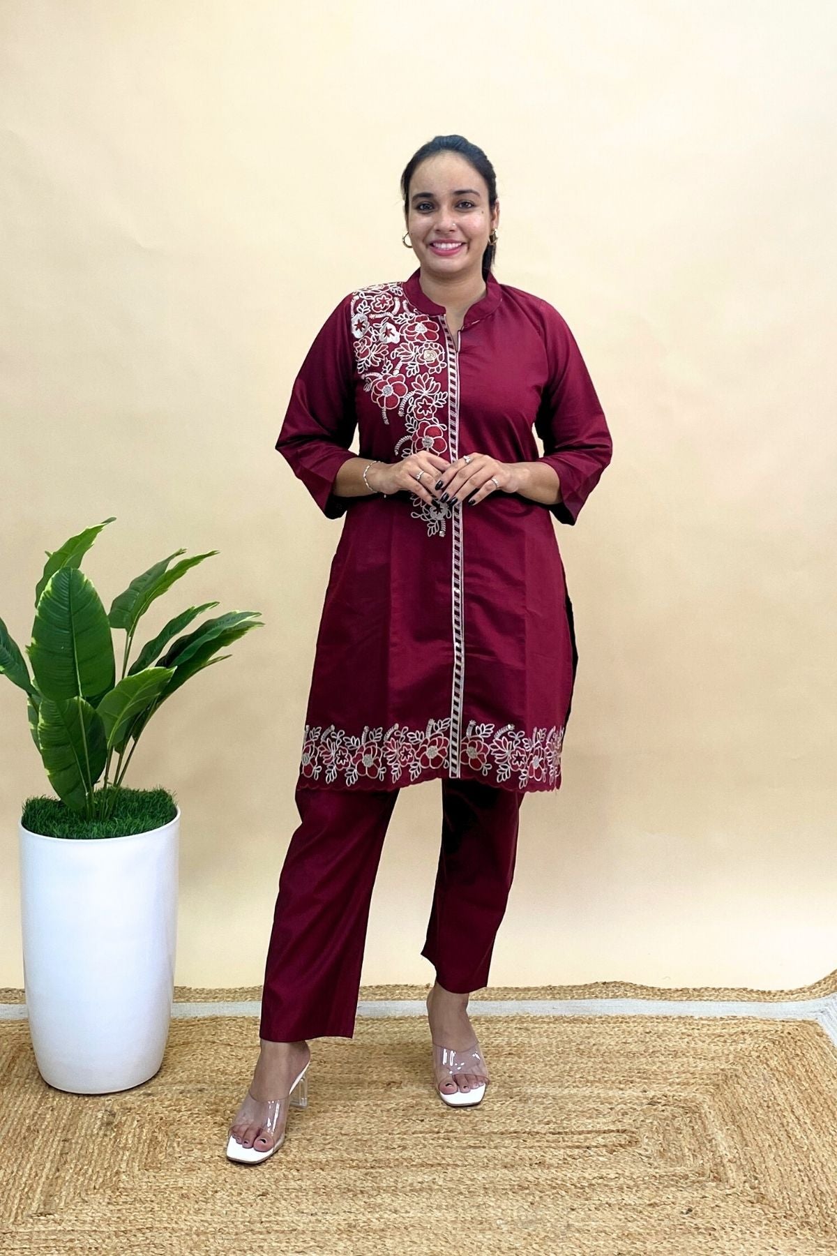 Premium Silk Embroidered Co-ord Set with Floral Detailing, Kurti & Pant Set
