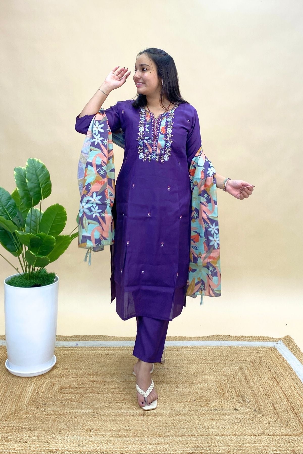 Silk Kurti Pant Set with Printed Dupatta & Elegant Neck Embroidery, Festive & Wedding Wear