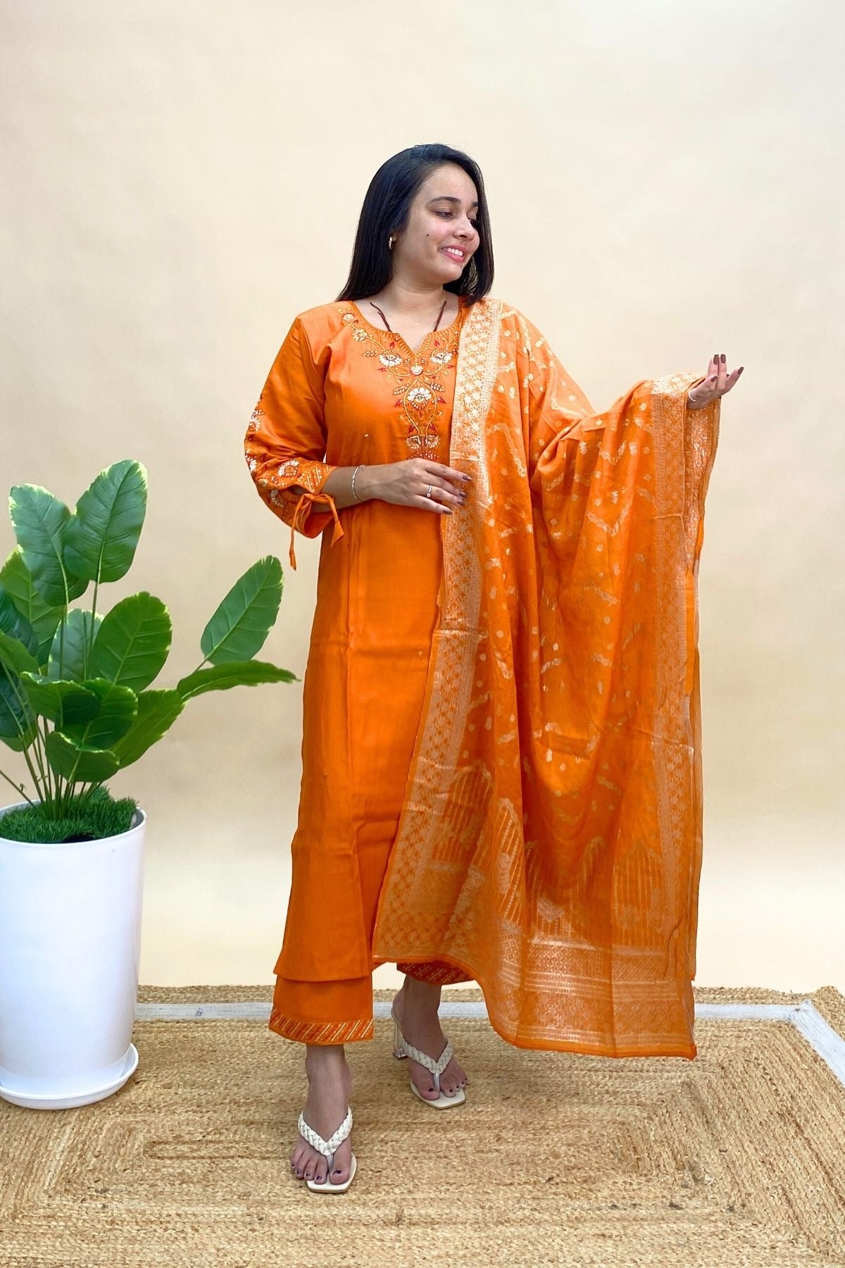 Premium Silk Kurti Pant Set with Banarasi Dupatta & Elegant Dori Sleeve Detail