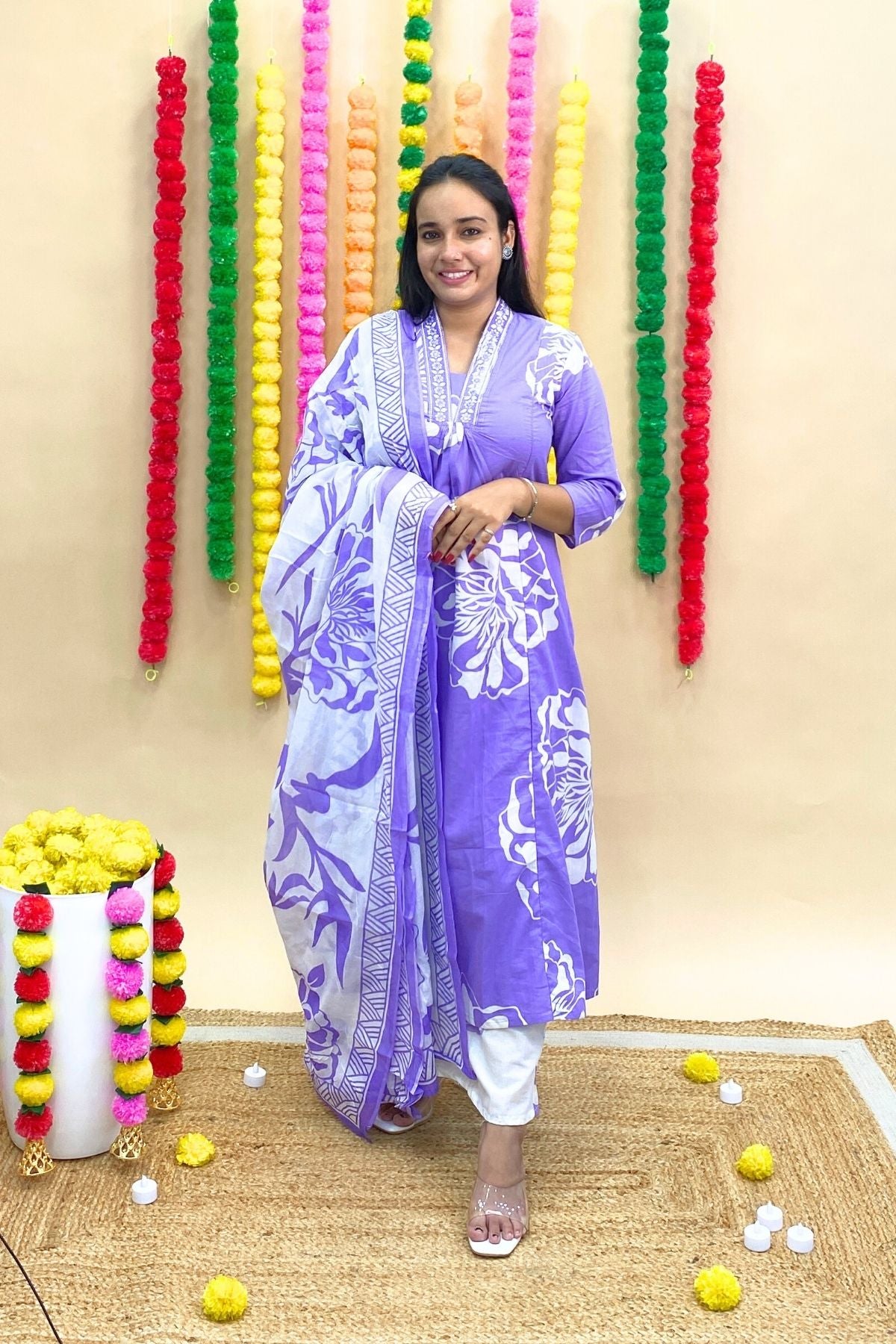 Jaipuri Premium Cotton A-Line Kurti Palazzo Dupatta Set with Abstract Floral Print