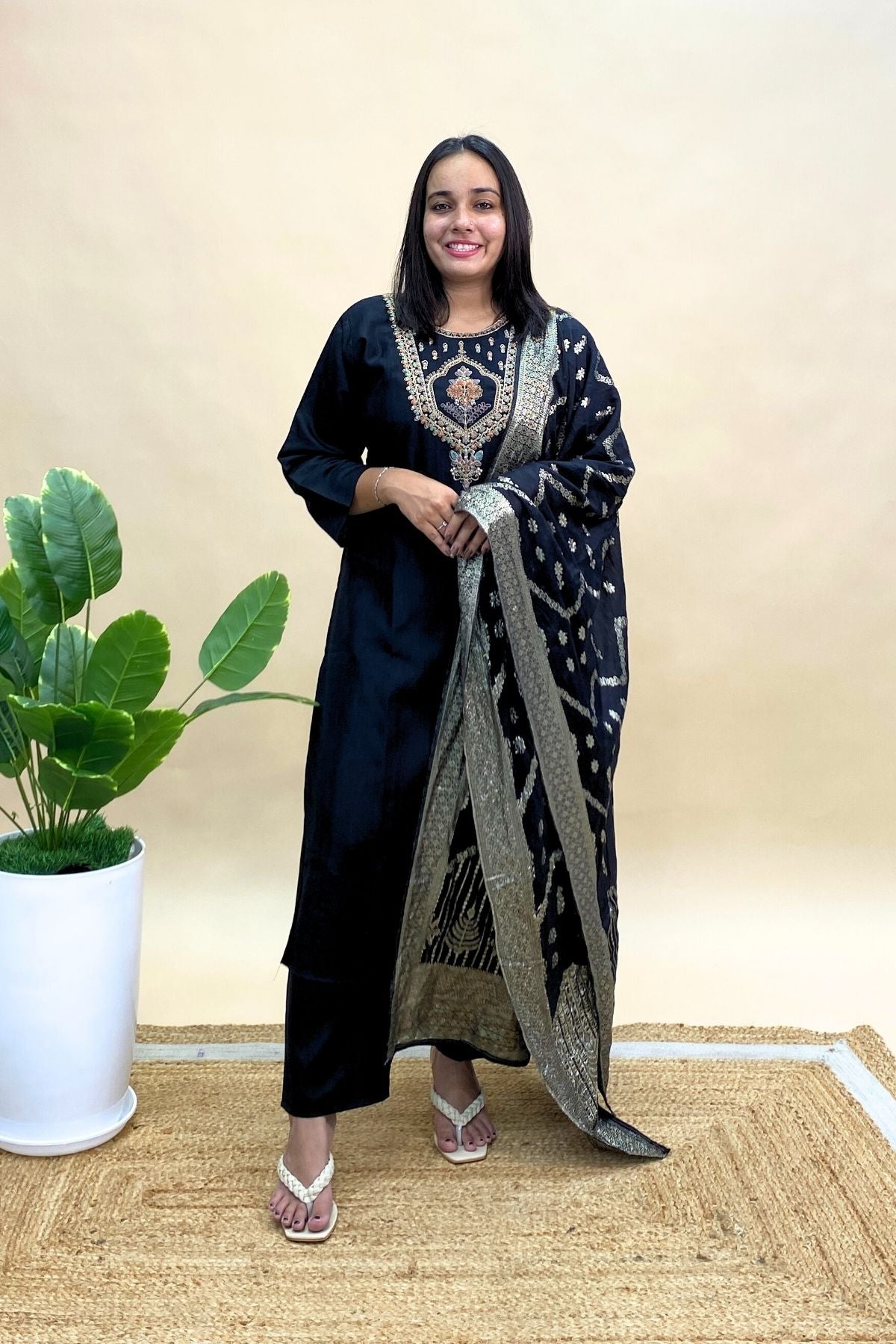 Cotton Kurti Pant Set with Banarasi Dupatta & Embroidered Neck, Perfect for festive wear