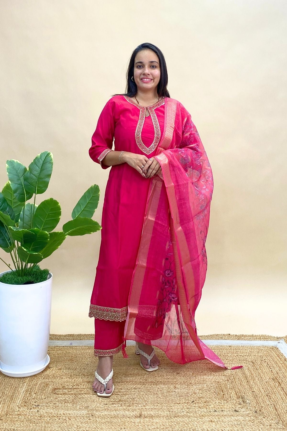 Silk Kurta Pant Set with Organza Dupatta & Elegant Neck Design, Perfect for Festive Wear