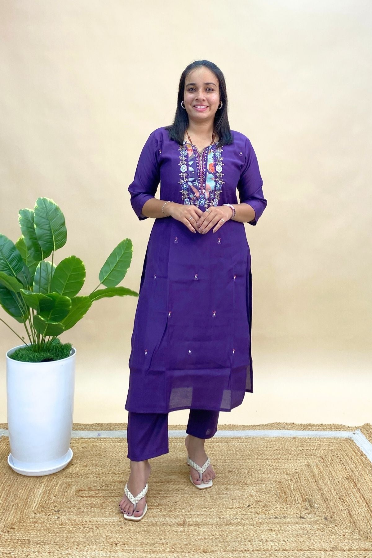 Silk Kurti Pant Set with Printed Dupatta & Elegant Neck Embroidery, Festive & Wedding Wear