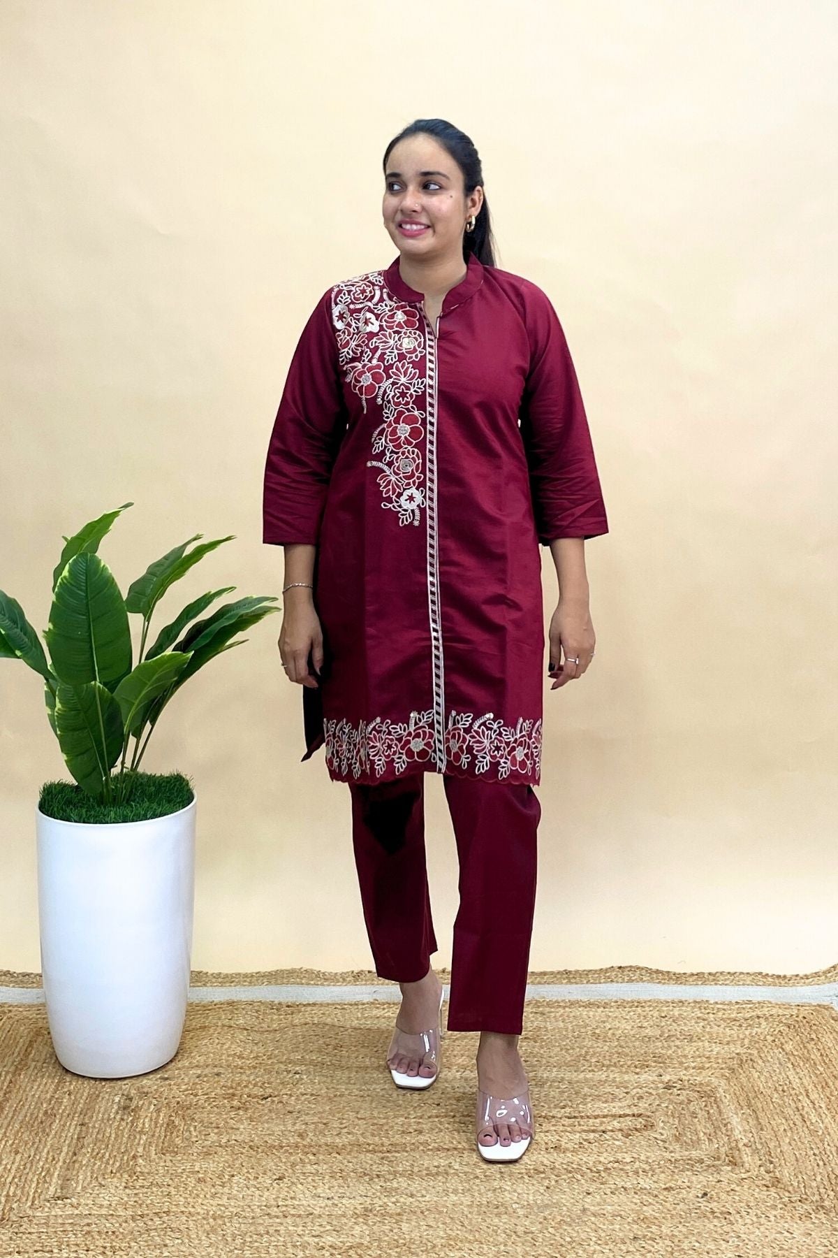 Premium Silk Embroidered Co-ord Set with Floral Detailing, Kurti & Pant Set