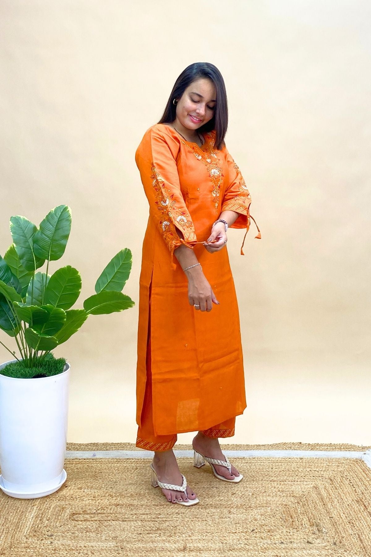 Premium Silk Kurti Pant Set with Banarasi Dupatta & Elegant Dori Sleeve Detail