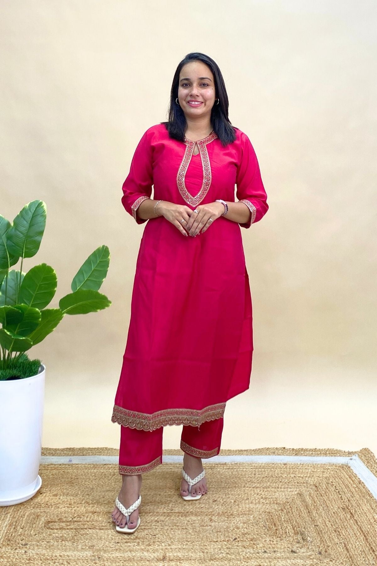 Silk Kurta Pant Set with Organza Dupatta & Elegant Neck Design, Perfect for Festive Wear