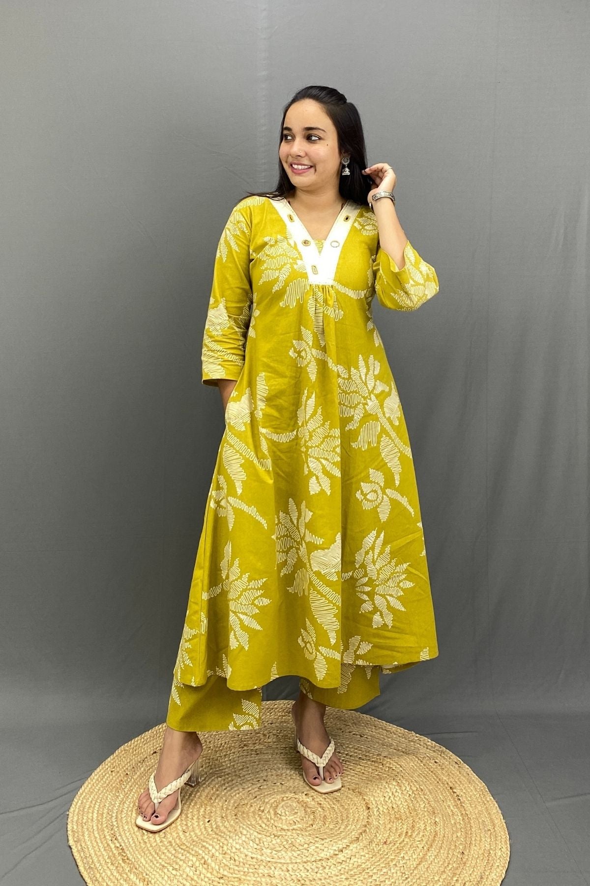 Cotton Co-ord Set with Mirror Neck Embroidery & Pocket, Everyday Ethnic Style