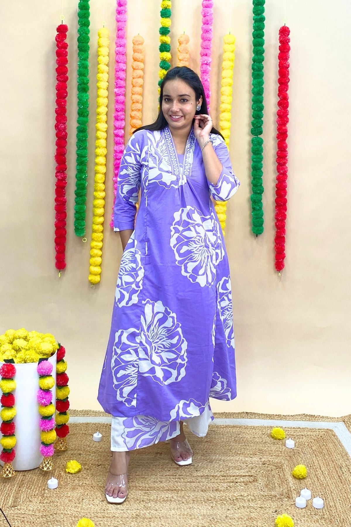 Jaipuri Premium Cotton A-Line Kurti Palazzo Dupatta Set with Abstract Floral Print