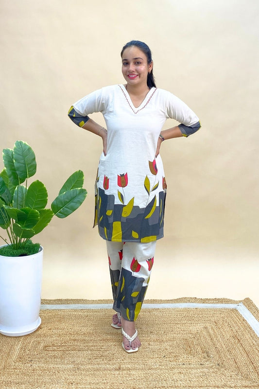 Khadi Cotton Short Co-ord Set with Printed V-Neck Top & Semi-Plazo Pants