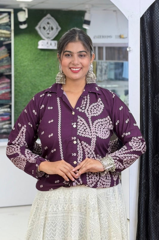 Heavy Rayon Bandhej Print Full-Sleeve Ethnic Fusion Shirt Style Short Kurti