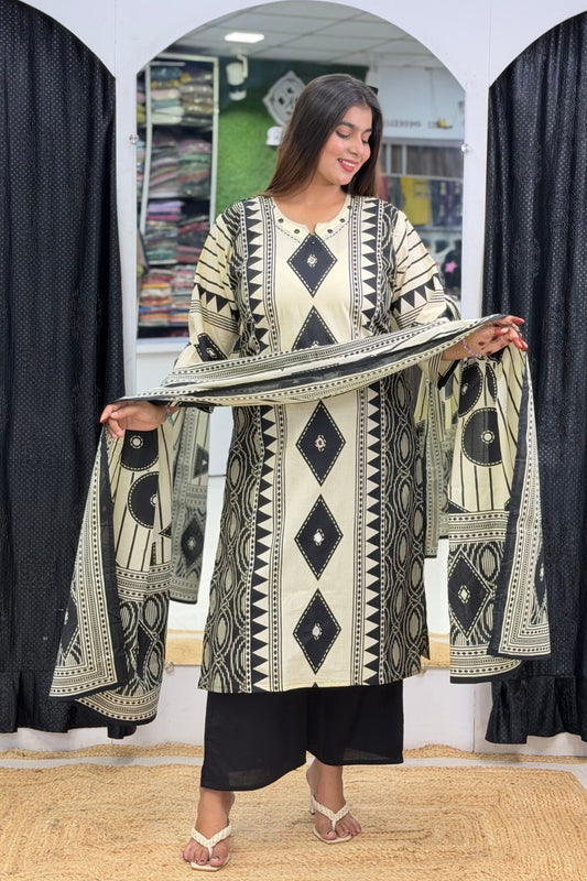 Pure Cotton Placement Print Straight Kurti Palazzo Dupatta Set with Abhla Mirror Work