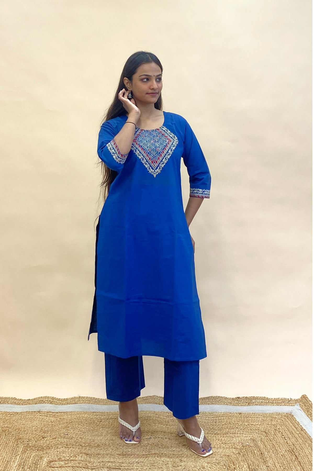 Premium Cotton Kurti Pant Co-ord Set with Multicolor Thread Work | Elegant Office Wear