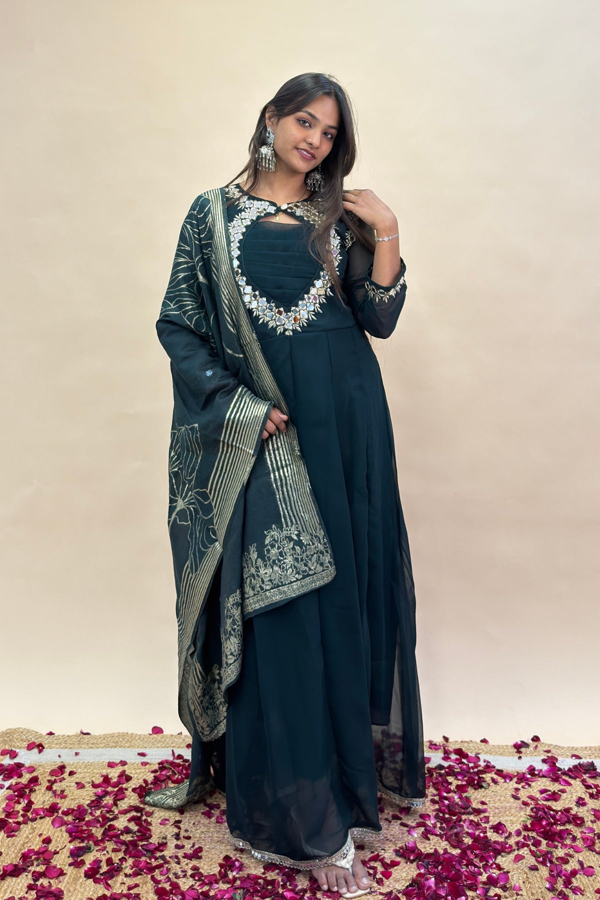 Premium Chiffon Anarkali Style Gown with Mirror Embroidery & Jacquard –  Kabir Collection