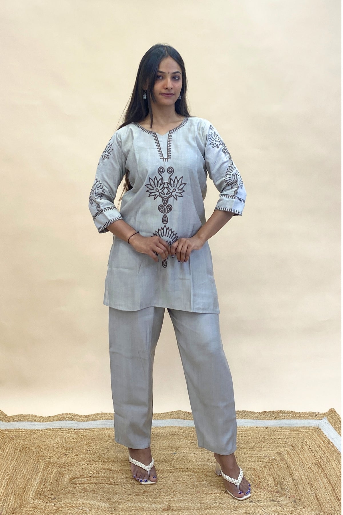 Embroidered Co-ord Set with Brown Thread Work | Short Tunic & Pant Set