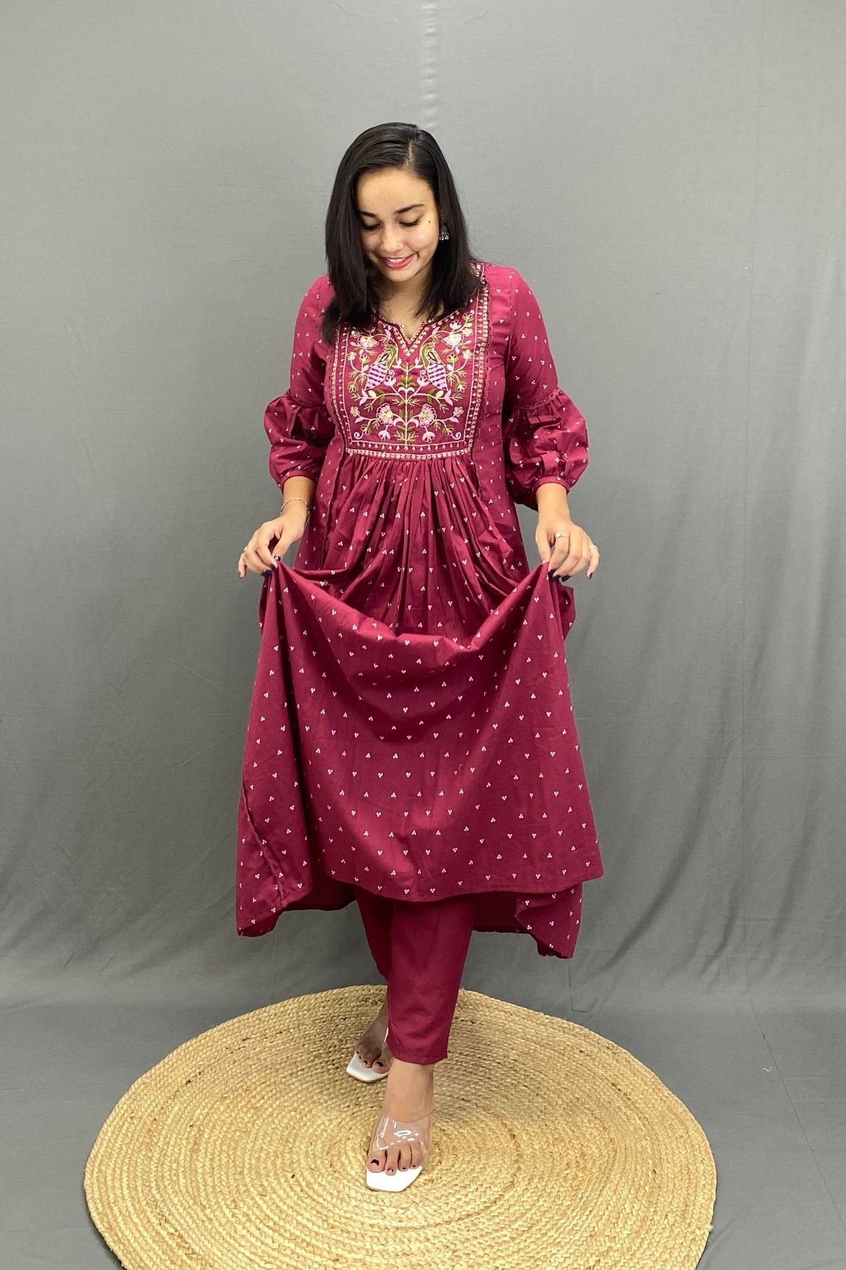 Maroon Ghera Kurti Pant Set with Multicolor Peacock Embroidery & Mulmul Cotton Dupatta