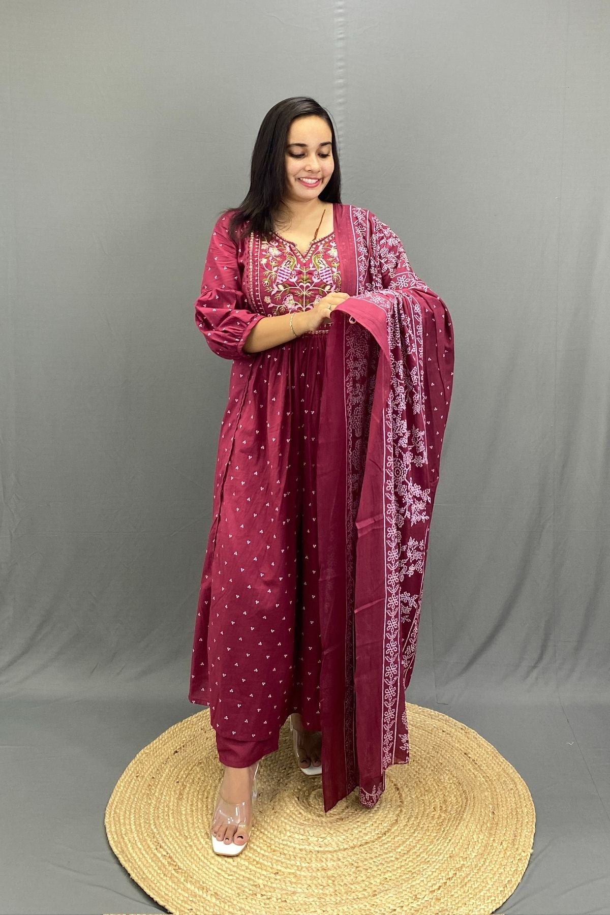 Maroon Ghera Kurti Pant Set with Multicolor Peacock Embroidery & Mulmul Cotton Dupatta
