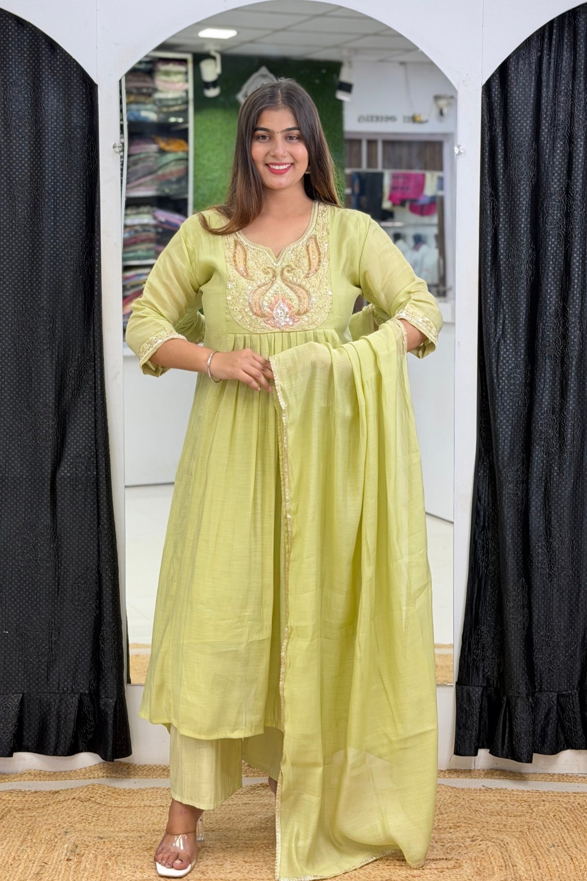 Mul Chanderi Empire-Waist Anarkali Kurta Pant Dupatta Set with Beaded Cut Dana Scoop Neckline