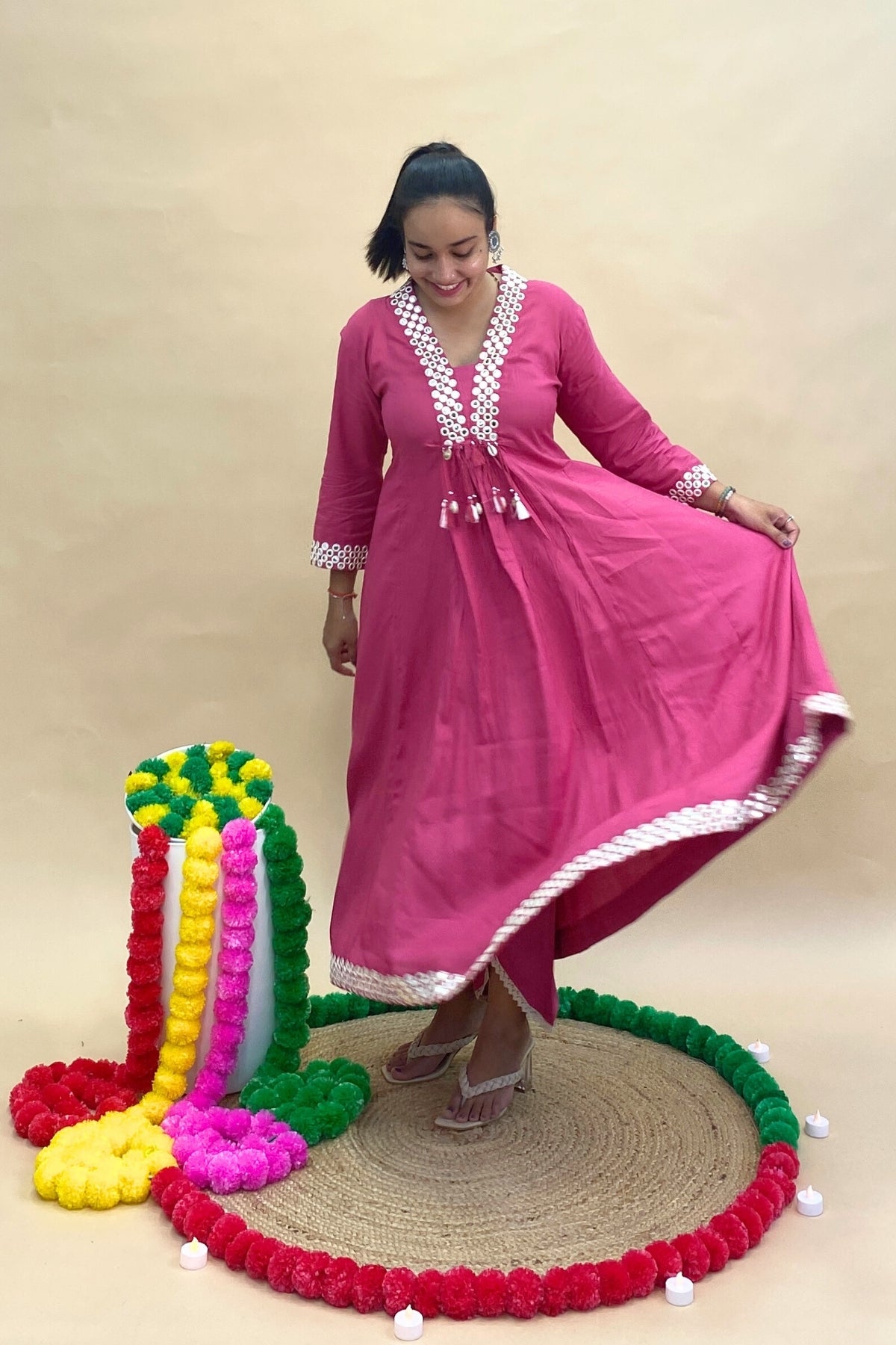 Premium Mul Cotton Anarkali Kurti Pant Set with Mal Cotton Dupatta – Shisha Embroidery & Tassel Detailing